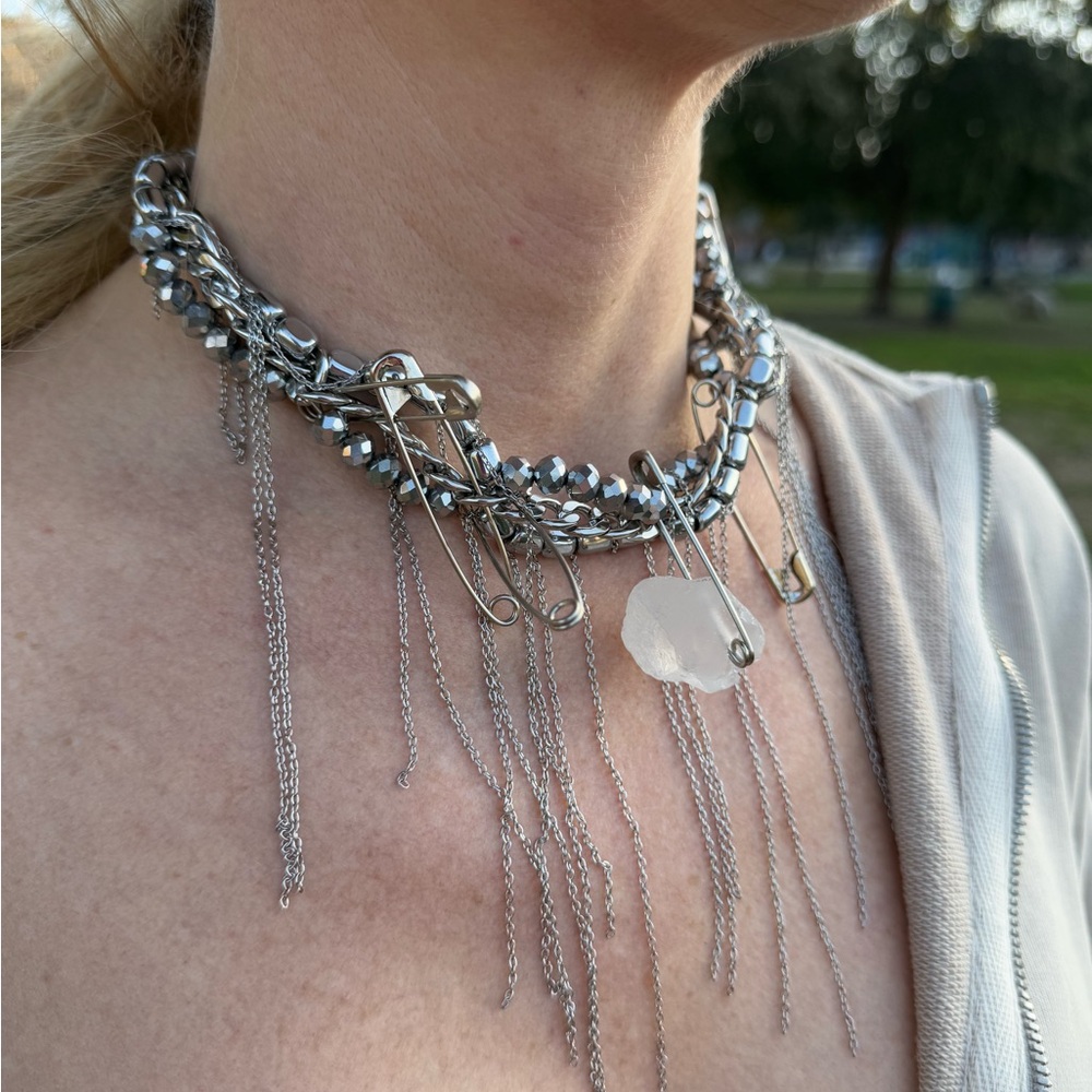 Silver Punk Chain Choker with Crystal & Safety Pins – Handmade - Picture 3 of 3